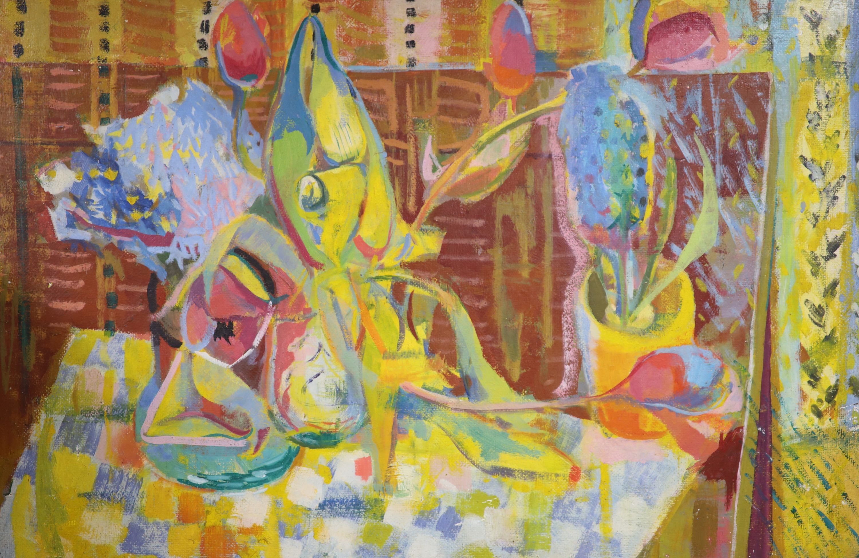 Modern British, oil on board, Still life of flowers on a table top, 46 x 69cm, unframed